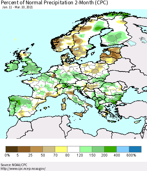 Europe Percent of Normal Precipitation 2-Month (CPC) Thematic Map For 1/11/2021 - 3/10/2021