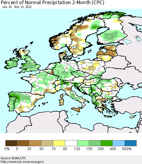 Europe Percent of Normal Precipitation 2-Month (CPC) Thematic Map For 1/16/2021 - 3/15/2021
