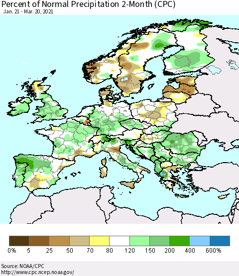 Europe Percent of Normal Precipitation 2-Month (CPC) Thematic Map For 1/21/2021 - 3/20/2021
