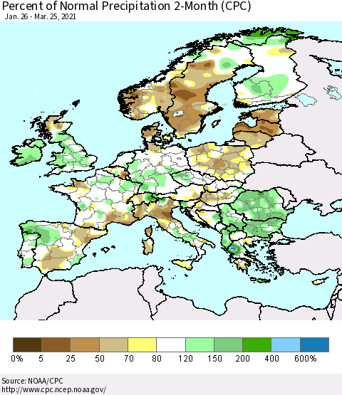 Europe Percent of Normal Precipitation 2-Month (CPC) Thematic Map For 1/26/2021 - 3/25/2021