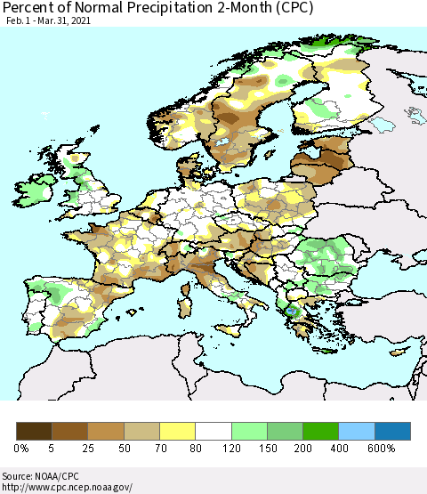 Europe Percent of Normal Precipitation 2-Month (CPC) Thematic Map For 2/1/2021 - 3/31/2021