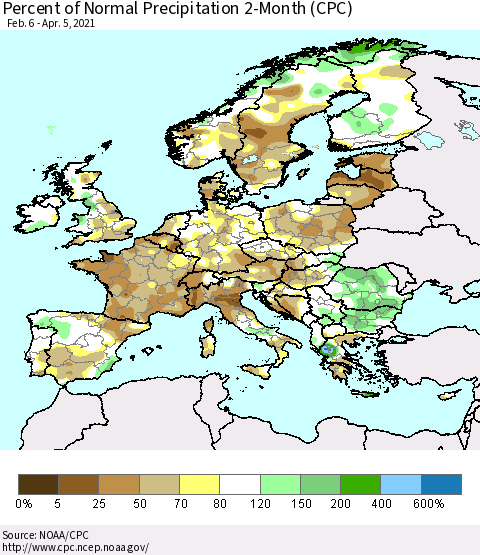 Europe Percent of Normal Precipitation 2-Month (CPC) Thematic Map For 2/6/2021 - 4/5/2021
