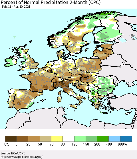 Europe Percent of Normal Precipitation 2-Month (CPC) Thematic Map For 2/11/2021 - 4/10/2021
