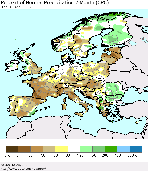 Europe Percent of Normal Precipitation 2-Month (CPC) Thematic Map For 2/16/2021 - 4/15/2021