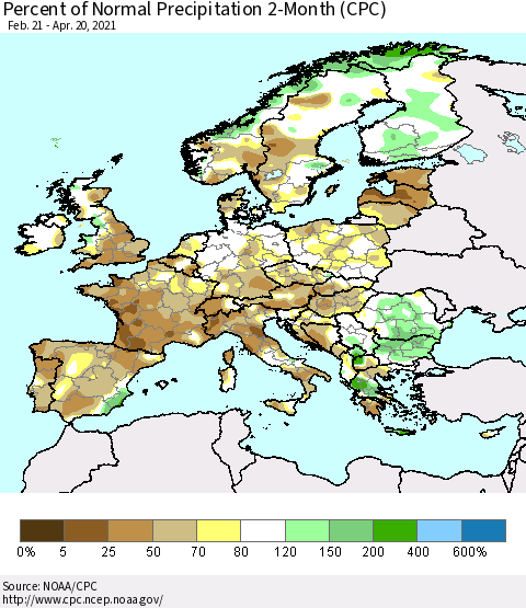 Europe Percent of Normal Precipitation 2-Month (CPC) Thematic Map For 2/21/2021 - 4/20/2021