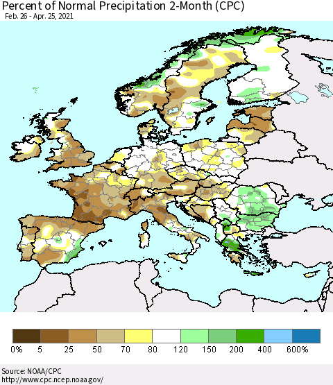 Europe Percent of Normal Precipitation 2-Month (CPC) Thematic Map For 2/26/2021 - 4/25/2021