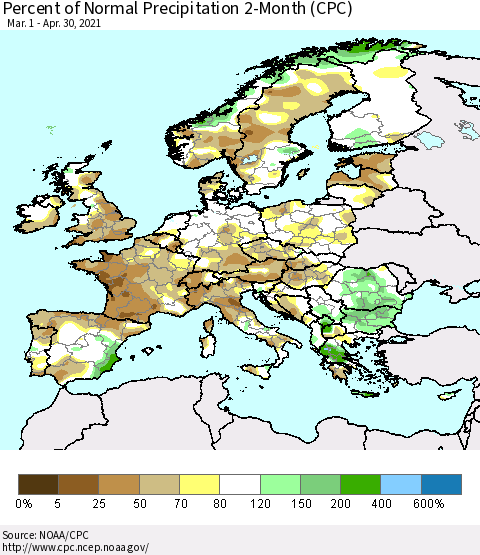 Europe Percent of Normal Precipitation 2-Month (CPC) Thematic Map For 3/1/2021 - 4/30/2021