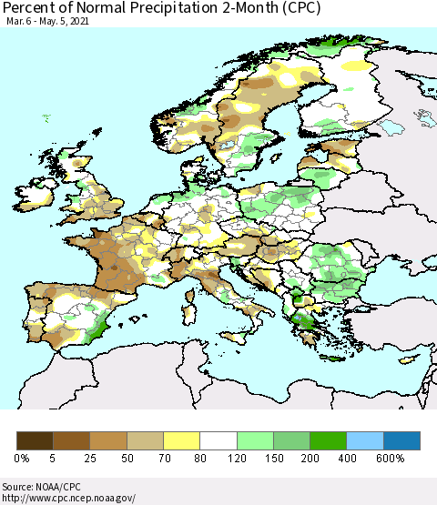 Europe Percent of Normal Precipitation 2-Month (CPC) Thematic Map For 3/6/2021 - 5/5/2021