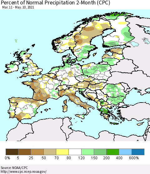 Europe Percent of Normal Precipitation 2-Month (CPC) Thematic Map For 3/11/2021 - 5/10/2021