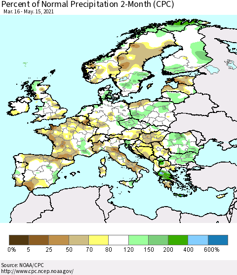 Europe Percent of Normal Precipitation 2-Month (CPC) Thematic Map For 3/16/2021 - 5/15/2021