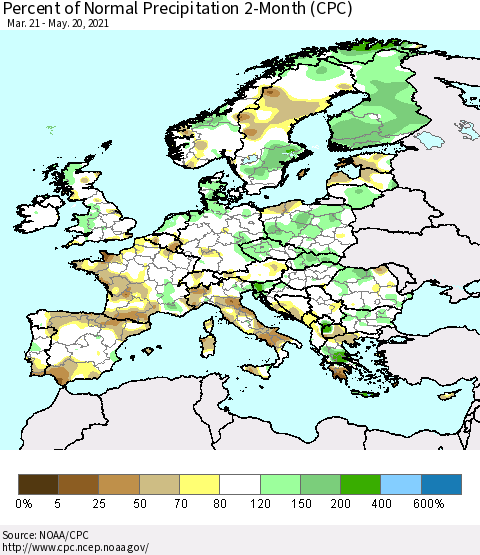 Europe Percent of Normal Precipitation 2-Month (CPC) Thematic Map For 3/21/2021 - 5/20/2021