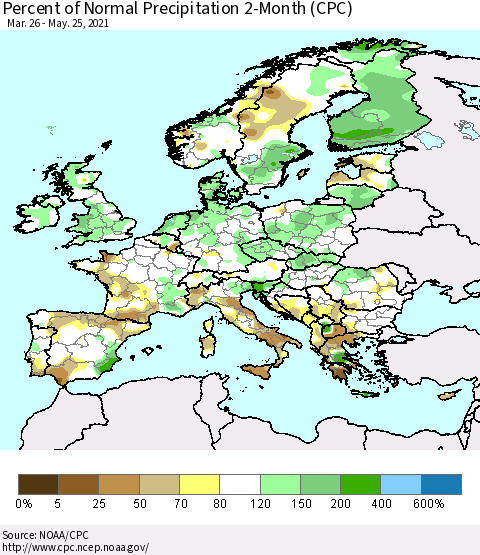 Europe Percent of Normal Precipitation 2-Month (CPC) Thematic Map For 3/26/2021 - 5/25/2021