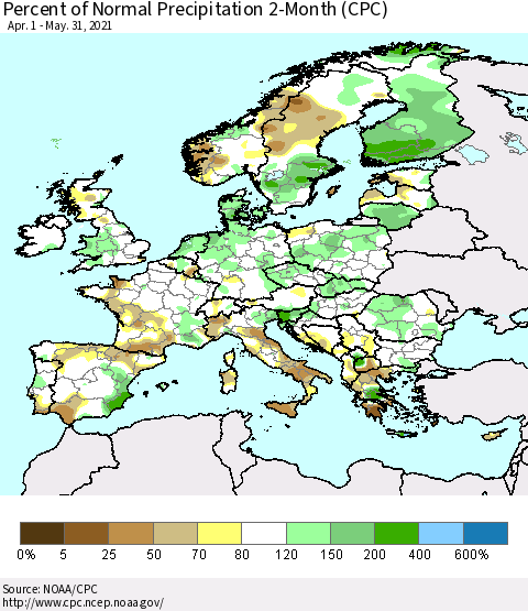Europe Percent of Normal Precipitation 2-Month (CPC) Thematic Map For 4/1/2021 - 5/31/2021