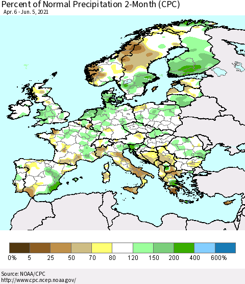 Europe Percent of Normal Precipitation 2-Month (CPC) Thematic Map For 4/6/2021 - 6/5/2021