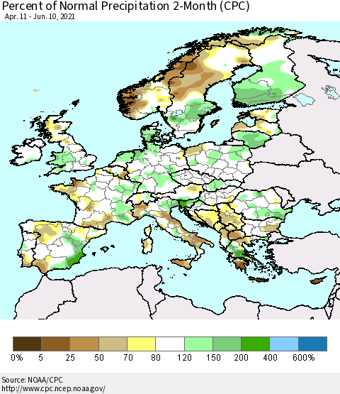 Europe Percent of Normal Precipitation 2-Month (CPC) Thematic Map For 4/11/2021 - 6/10/2021
