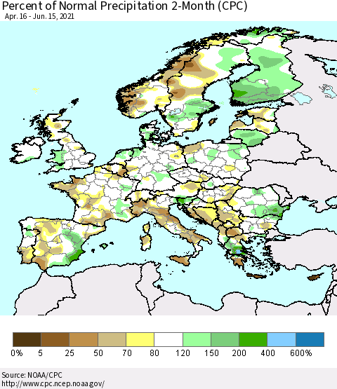 Europe Percent of Normal Precipitation 2-Month (CPC) Thematic Map For 4/16/2021 - 6/15/2021