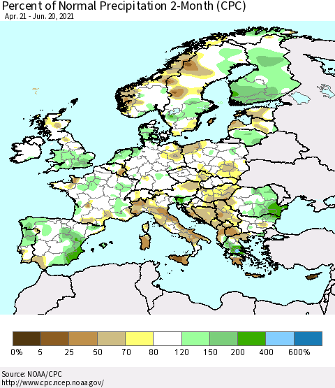 Europe Percent of Normal Precipitation 2-Month (CPC) Thematic Map For 4/21/2021 - 6/20/2021