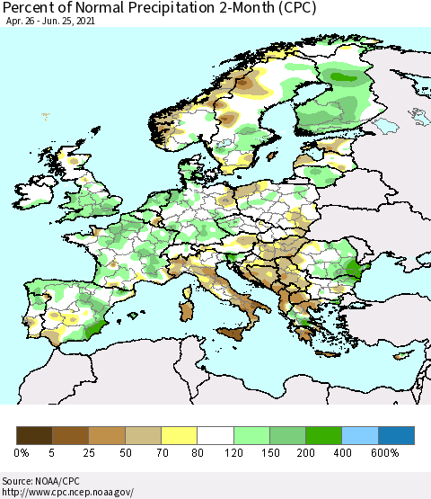 Europe Percent of Normal Precipitation 2-Month (CPC) Thematic Map For 4/26/2021 - 6/25/2021