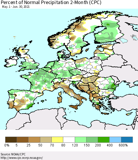 Europe Percent of Normal Precipitation 2-Month (CPC) Thematic Map For 5/1/2021 - 6/30/2021