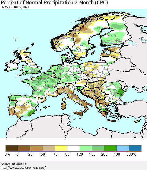 Europe Percent of Normal Precipitation 2-Month (CPC) Thematic Map For 5/6/2021 - 7/5/2021