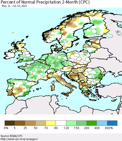 Europe Percent of Normal Precipitation 2-Month (CPC) Thematic Map For 5/11/2021 - 7/10/2021