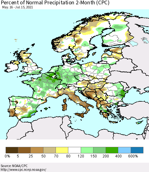 Europe Percent of Normal Precipitation 2-Month (CPC) Thematic Map For 5/16/2021 - 7/15/2021