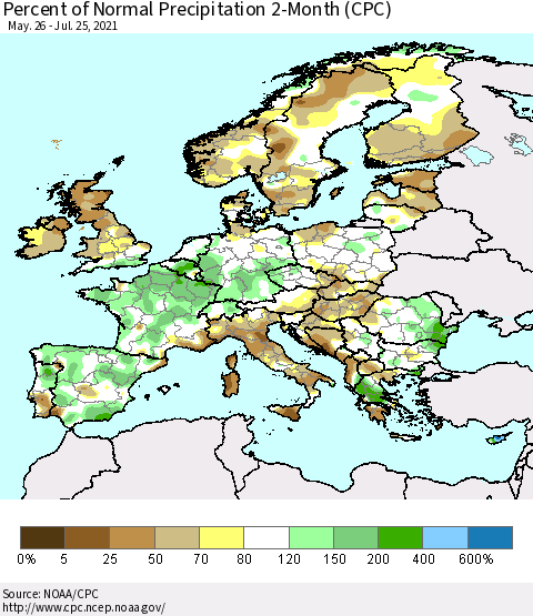 Europe Percent of Normal Precipitation 2-Month (CPC) Thematic Map For 5/26/2021 - 7/25/2021