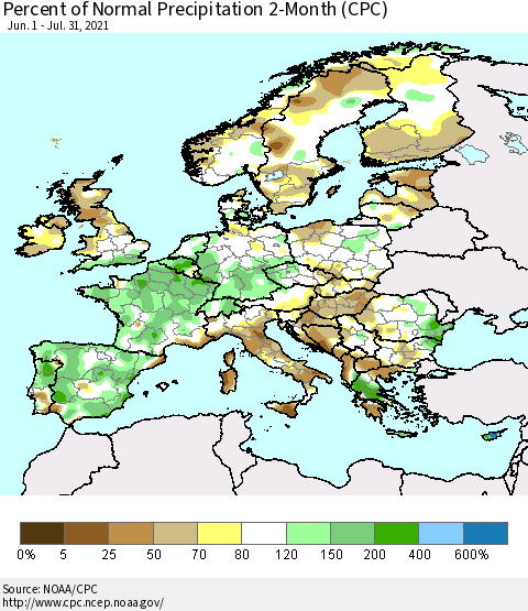 Europe Percent of Normal Precipitation 2-Month (CPC) Thematic Map For 6/1/2021 - 7/31/2021