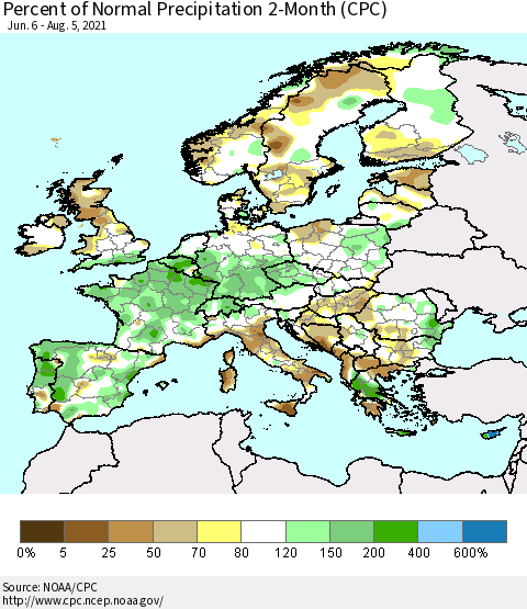 Europe Percent of Normal Precipitation 2-Month (CPC) Thematic Map For 6/6/2021 - 8/5/2021