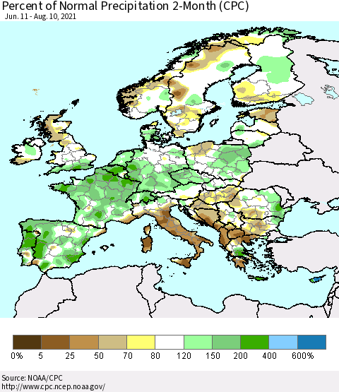 Europe Percent of Normal Precipitation 2-Month (CPC) Thematic Map For 6/11/2021 - 8/10/2021