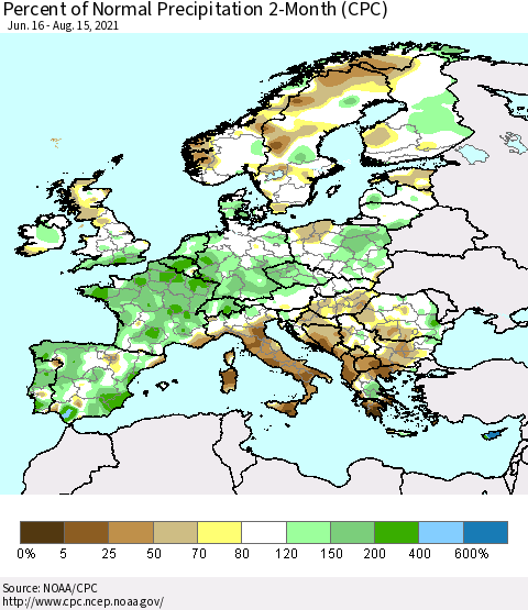 Europe Percent of Normal Precipitation 2-Month (CPC) Thematic Map For 6/16/2021 - 8/15/2021