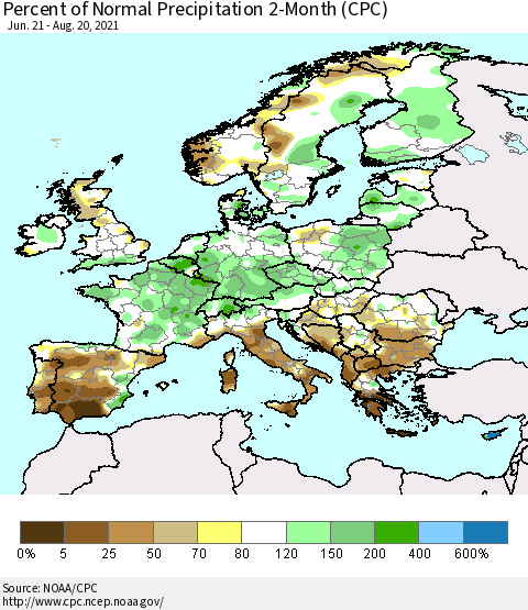 Europe Percent of Normal Precipitation 2-Month (CPC) Thematic Map For 6/21/2021 - 8/20/2021