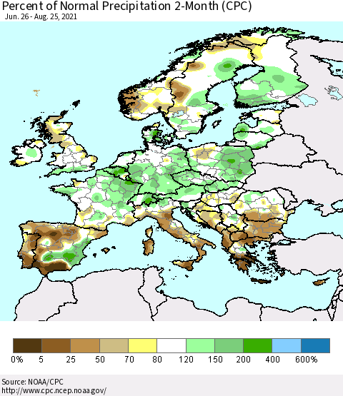 Europe Percent of Normal Precipitation 2-Month (CPC) Thematic Map For 6/26/2021 - 8/25/2021