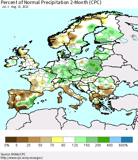 Europe Percent of Normal Precipitation 2-Month (CPC) Thematic Map For 7/1/2021 - 8/31/2021