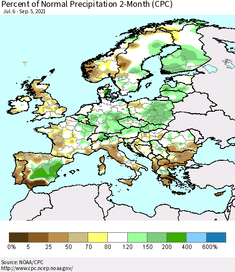 Europe Percent of Normal Precipitation 2-Month (CPC) Thematic Map For 7/6/2021 - 9/5/2021