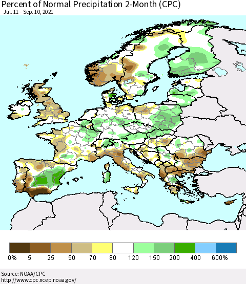 Europe Percent of Normal Precipitation 2-Month (CPC) Thematic Map For 7/11/2021 - 9/10/2021