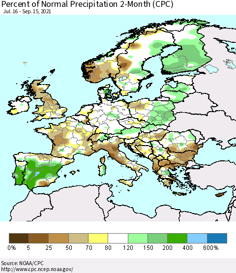 Europe Percent of Normal Precipitation 2-Month (CPC) Thematic Map For 7/16/2021 - 9/15/2021
