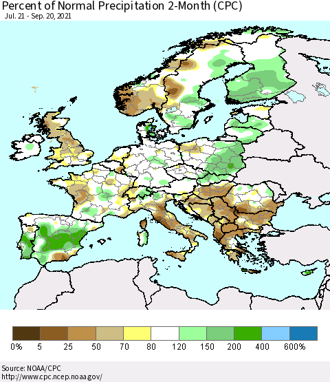 Europe Percent of Normal Precipitation 2-Month (CPC) Thematic Map For 7/21/2021 - 9/20/2021