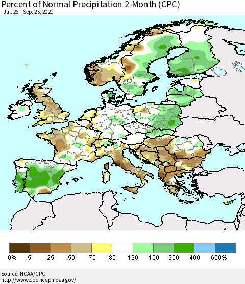 Europe Percent of Normal Precipitation 2-Month (CPC) Thematic Map For 7/26/2021 - 9/25/2021