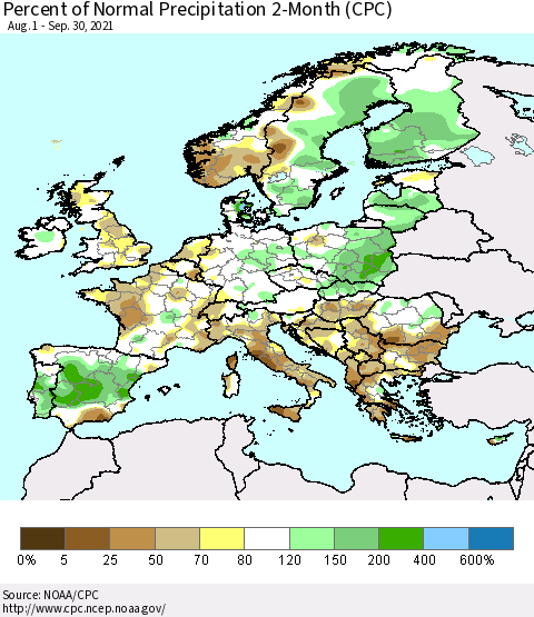 Europe Percent of Normal Precipitation 2-Month (CPC) Thematic Map For 8/1/2021 - 9/30/2021