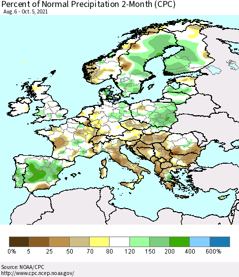 Europe Percent of Normal Precipitation 2-Month (CPC) Thematic Map For 8/6/2021 - 10/5/2021
