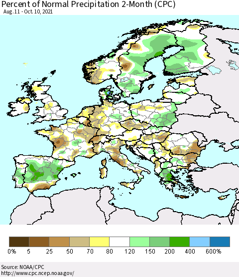 Europe Percent of Normal Precipitation 2-Month (CPC) Thematic Map For 8/11/2021 - 10/10/2021