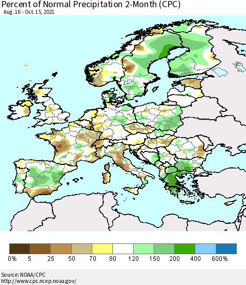 Europe Percent of Normal Precipitation 2-Month (CPC) Thematic Map For 8/16/2021 - 10/15/2021