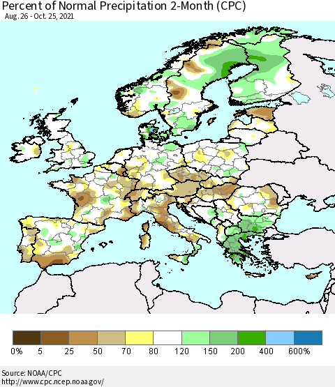 Europe Percent of Normal Precipitation 2-Month (CPC) Thematic Map For 8/26/2021 - 10/25/2021