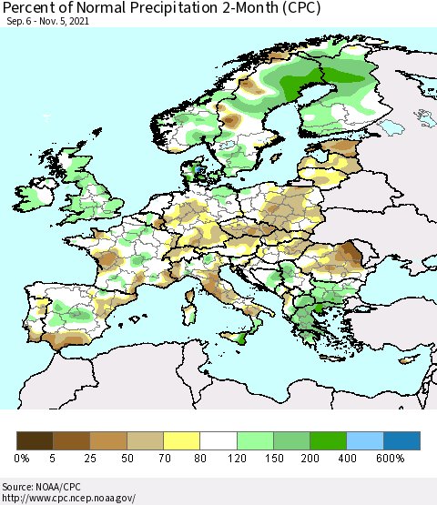 Europe Percent of Normal Precipitation 2-Month (CPC) Thematic Map For 9/6/2021 - 11/5/2021