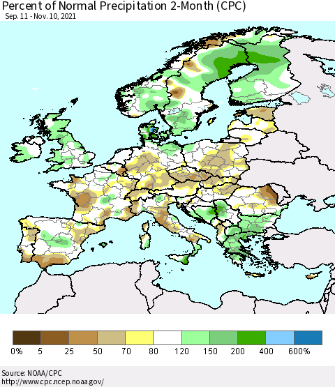 Europe Percent of Normal Precipitation 2-Month (CPC) Thematic Map For 9/11/2021 - 11/10/2021