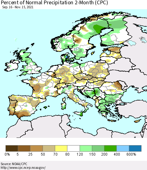 Europe Percent of Normal Precipitation 2-Month (CPC) Thematic Map For 9/16/2021 - 11/15/2021