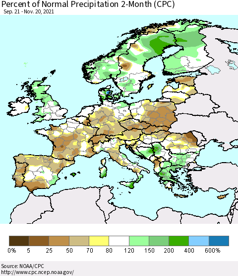 Europe Percent of Normal Precipitation 2-Month (CPC) Thematic Map For 9/21/2021 - 11/20/2021