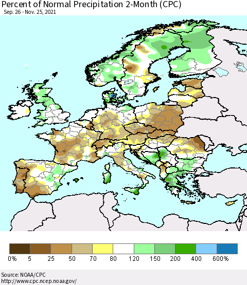 Europe Percent of Normal Precipitation 2-Month (CPC) Thematic Map For 9/26/2021 - 11/25/2021
