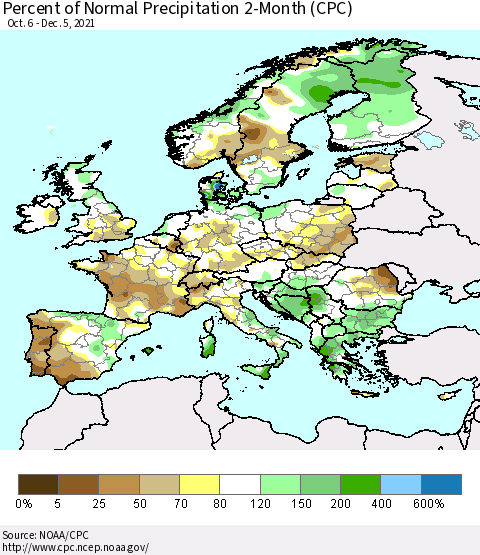 Europe Percent of Normal Precipitation 2-Month (CPC) Thematic Map For 10/6/2021 - 12/5/2021
